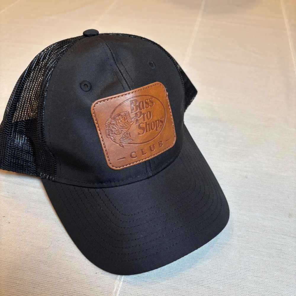 Bass Pro Shops Club Trucker Hat Black Mesh Snapback Leather Logo Patch Cap